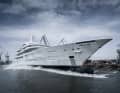 Transverse launch: The 120 metre steel-aluminium hull glided from the Helgen into the Danube in Romania