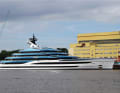 The metallic blue of the aluminium superstructure is reminiscent of "Kaos", while the oval shape of the aft decks resembles "Ahpo". Long window strips emphasise the horizontality and make the steel hull appear almost flat compared to other gigayachts.