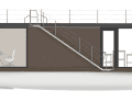 The houseboat is powered by an outboard motor.