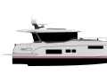 Side view of the Sirena 48 Hybrid yacht. The aerodynamic profile of the yacht is clearly recognisable