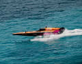The RacingBirds fly over the turquoise blue water.