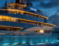 Light my fire: the illuminated "Quattroelle" is the star of every anchorage. The logo with the four letters is also omnipresent at night. It stands for Love, Life, Liberty and Luxury.