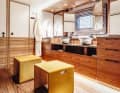 Owner's bathroom: The right-hand door leads into the steam room with its hybrid of sauna bench and carbon bath. The metal washbasins are the heaviest parts of the furnishings.