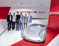 Hans-Joachim Stuck, Marc Lieb, Walter Röhrl, Porsche-Markenbotschafter, Achim Stejskal, Leiter Porsche Heritage und Museum, Timo Bernhard, Thomas Laudenbach, Leiter Porsche Motorsport, (l-r), 550 Spyder, Sonderausstellung, „Raceborn – 75 Jahre Porsche Motorsport