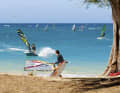 Windsurfing at Kanaha Beach Park. This spot is the best choice for amateur windsurfers.