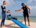 A short-sleeved wetsuit (ION Element 2/2) can be worn almost anywhere in summer. The thin Monoshorty (Ascan Monoshorty Thermoflex) is a good option as a lightweight one-piece in warm waters, and in winter it serves as a warm layer to wear under a thick long-sleeved wetsuit.