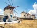 Wahrzeichen von Mykonos Stadt sind die weißen Windmühlen am Hafen.