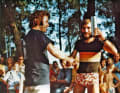 Two big throws - Ernstfried Prade receives the championship trophy for his DM victory in 1973 from Calle Schmidt (left), who brought the first two windsurfers to Germany in 1972.