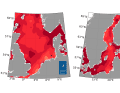 Temperature deviations in 2025 from the long-term average - North Sea on the left, Baltic Sea on the right