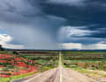 Eine dieser typisch schnurgeraden Straßen zieht sich durch die Ebene von New Mexico. Darüber wölbt sich ein imposanter Gewitterhimmel. 