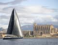 The Contest 63 CS in front of the Cathedral of St Mary. During the tests in the bay of Palma, the 32-tonner also performed convincingly in light winds