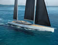 "Kaze": The hull of the 60-metre ketch is simple, the superstructure with sun deck flat. Two six-metre tenders parked in a side garage