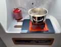 The pasta water boils in four minutes. The gas burner impresses as a solo express cooker