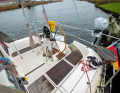 The owner has redirected the mainsheets and foresheets aft into the cockpit