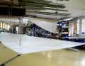 The final inspection of the finished sails takes place in the hall. The sail hangs about half a metre in the air