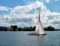 A 30-metre skerry cruiser passes the church of St. Peter and Paul in Niederzell on the north-western tip of Reichenau