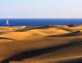 A sailing yacht rounds the southern tip of Gran Canaria, the striking dunes of Maspalomas. The Sahara is close.