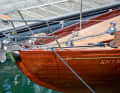 Stainless steel contrasts with the teak deck and flaming mahogany.