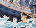 Many items of equipment are salvaged from the wrecked "Grafton" using a pulley block.