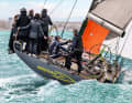 With gennaker and staysail. The rocket reaches planing speed in winds of less than 13 knots.