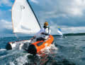 Inflatable boat with sailing fun: The DinghyGo is an inflatable boat with a fixed transom. The highlight is the functional sailing equipment and a centreboard box in the middle. The rudder, centreboard and the unstayed mast with the sail pushed over are installed in next to no time. All it takes is 15 minutes to turn the two panniers into a boat ready to sail. Length 2.80 m; width 1.50 m; weight 42 kg; from 3,933 euros.