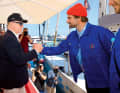 Supporter Prince Albert II congratulates Boris Herrmann at the boat christening in Monaco.