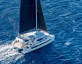 The cabin roof and bimini are moulded from a single mould. The enormous structure spans almost the entire length of the boat. The mast is set well aft, but the genoa remains the standard sail.