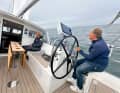 The helmsman sits or stands comfortably at the wheel. From this position, he can also reach the winches easily.