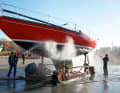 Washing: Thorough cleaning with a high-pressure cleaner makes it easier to paint the underwater hull or polish the gelcoat later on