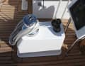 ... which the winch console offers at its widest point. Without a traveller, a hydraulic downhaul is recommended for trimming.