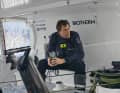 "Biotherm" skipper Paul Meilhat having lunch in the flat cockpit of his Imoca, where the crew will spend most of the next four to five weeks