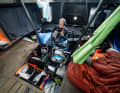 "On-board restaurant": Malizia skipper Will Harris has found a reasonably safe spot for his lunch from the bag