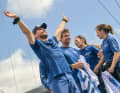 After crossing the finish line, skipper Kevin Escoffier jumped on the cockpit roof and left his arms outstretched at the dock