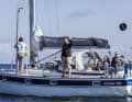 The race committee from the Yacht Club Strande on the starting boat "Kleiner Bär". Regatta director Cord Hall waves.