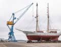 Shortly before Christmas, on 22 December, the "Greif" arrives at its outdoor parking space at the Stralsund shipyard.