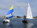 The banana boat (left) under sail.