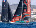 Die Teams beim Training zur ersten Vorregatta auf AC40-Yachten: das Orient Express Race Team und die Cup-Verteidiger vom Emirates Team New Zealand vor Vilanova i la Geltrú