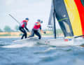 Olympic sailing is part of the annual Kiel Week. Here, the 49er sailors Jakob Meggendorfer and Andreas Spranger are in action.