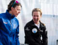 Quickly clarified: the question of socks before the start of the Vendée Arctique. Elodie Bonafous is amused by what Frankie Clapcich shows her.