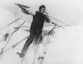 Gregory Peck fights the white sperm whale Moby Dick as Captain Ahab in the famous classic film.