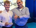Melwin Fink e lo sponsor Klaus-Dieter Schmädicke alla cerimonia di premiazione del Mini-Transat 2021