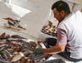 A fisherman sorts his catch at the harbour