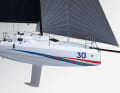 The full bow is characteristic, almost in the style of a scow. The bowsprit is extendable