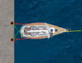With a mooring ring or anchor (yellow), the same applies as in the box: The actual pull is absorbed by the stern spring (red), the crossed stern lines (green) absorb the transverse forces. Caution: If your neighbours do not cross their lines, they will drift onto your own yacht