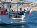 The concept really comes into its own at anchor: The dinghy can be launched in a flash thanks to the davits, and the large bathing platform is part of it