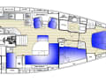 Rich in variants. Large double beds fore and aft, long kitchenette in the passageway to the aft cabin