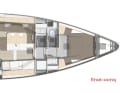Layout mit drei Kabinen und einem zweiten Toilettenraum vorn