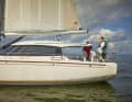 ...the deckhouse with the rigid bimini extension and the short softchines at the stern
