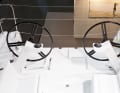 The double steering wheels are a novelty in this length class. The wide stern allows the unusual arrangement. Tiller steering is also possible