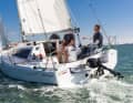 Efficient layout. The traveller is mounted all the way to the stern, like on a Mini 6.50, so the boom extends all the way back to the stern